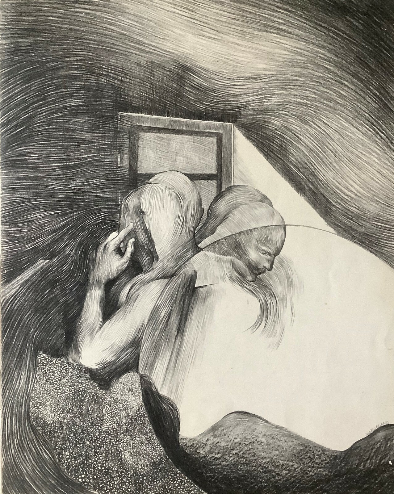 Paneca Cano. Painting. La Cuna De Los Siameses, ca 1975. Signed Ink on cardboard