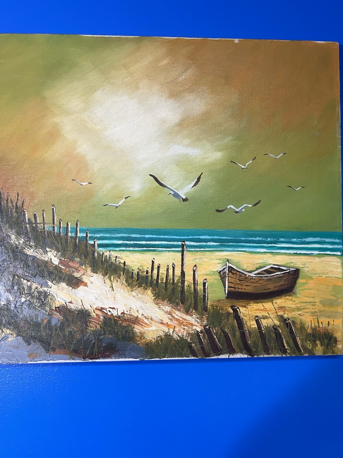 Coastal Beach Oil Painting Signed Valerie Carver Seagulls Boat Canvas Art”