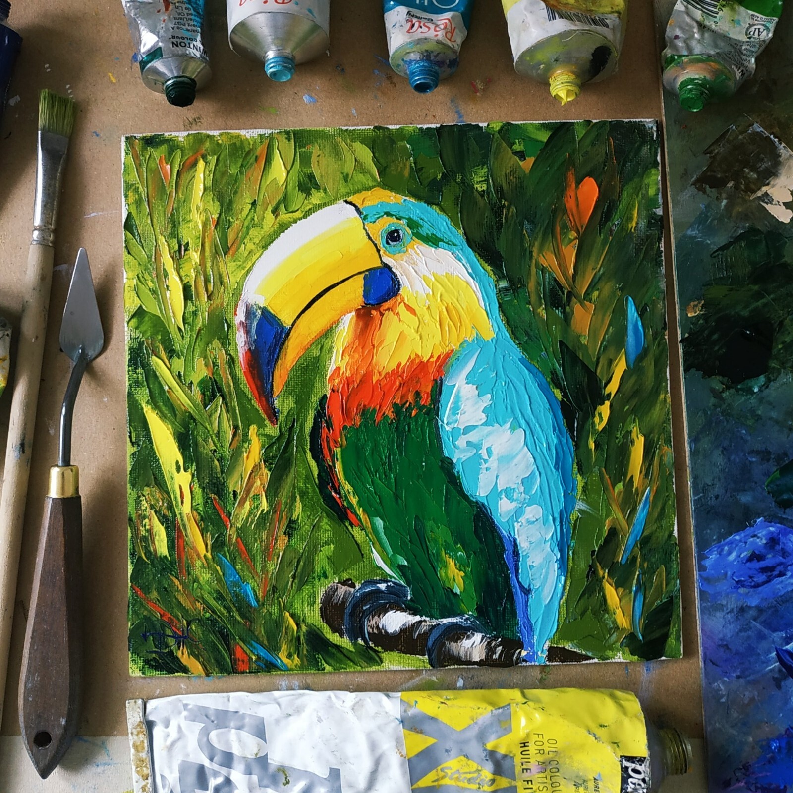 Toucan Painting Tropical Birds Artwork Original Art Impasto Painting 3D art 8×8