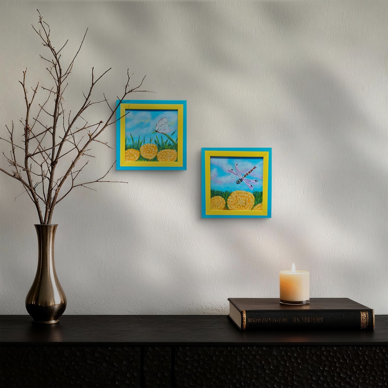 Wildflowers Dandelions ladybug Original Painting Small Gift Handmade Wall Art