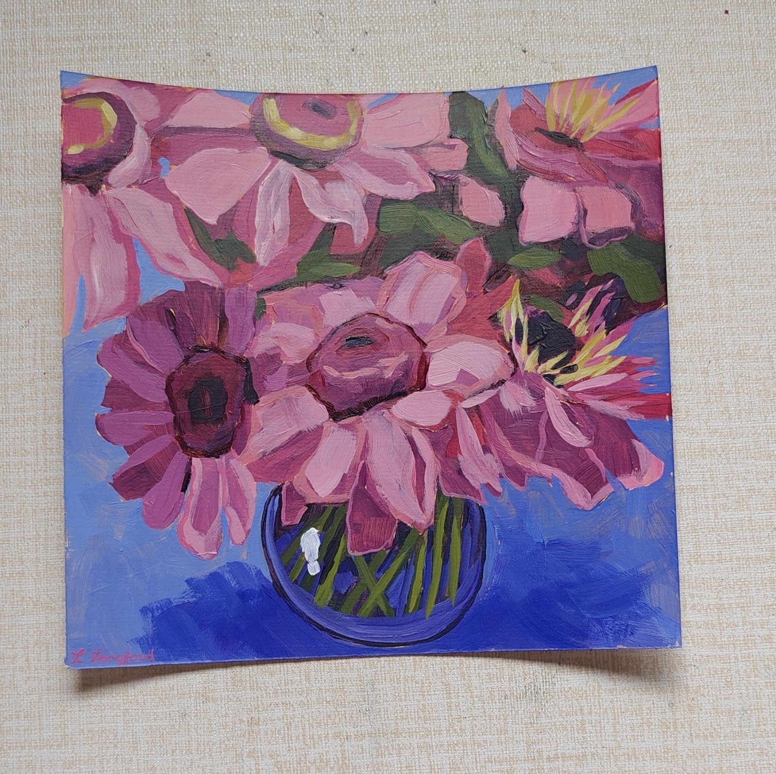 Original Floral Acrylic Painting Laura Langford Zinnia Explosion OOAK Small