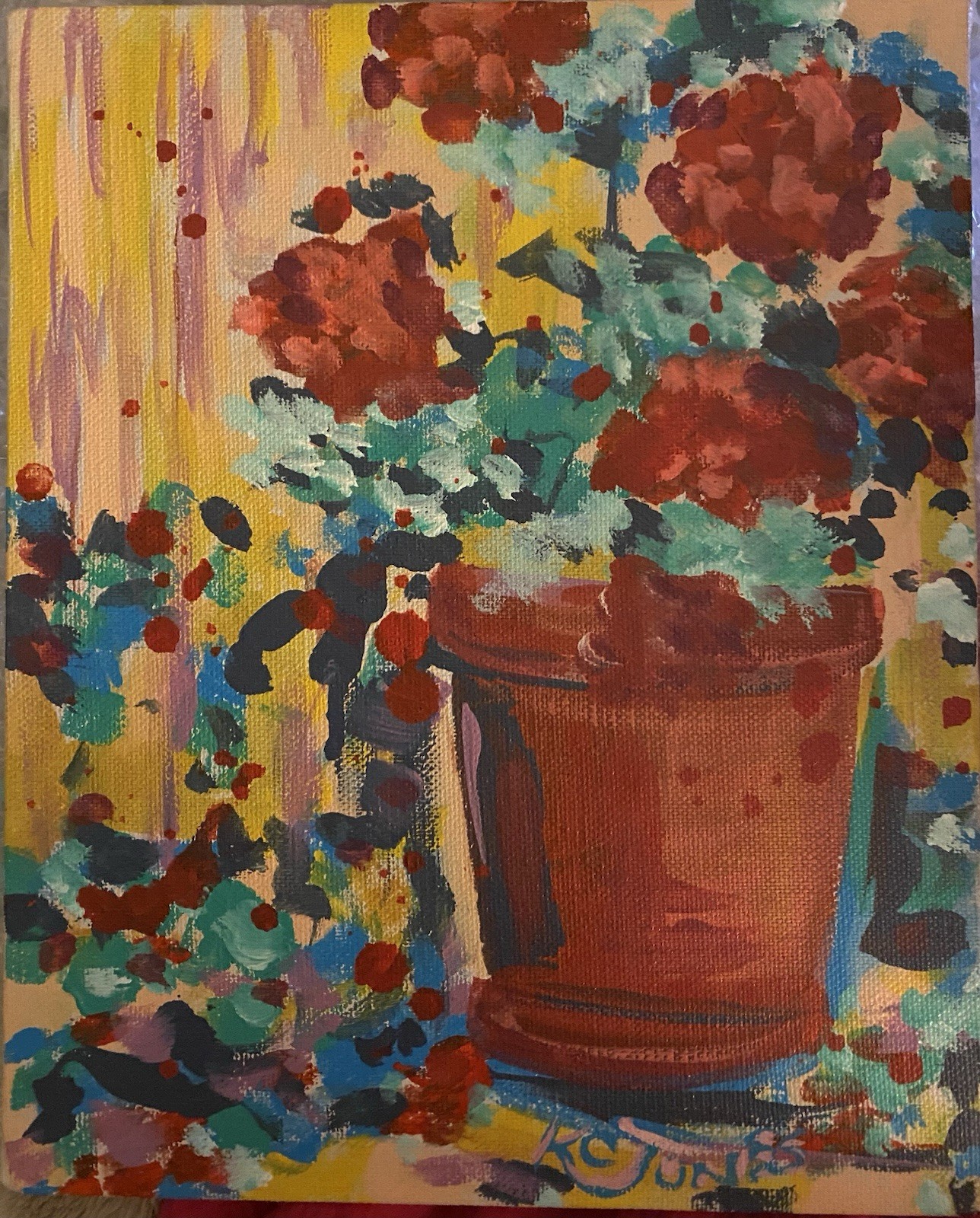 Red Geraniums | Small Impressionism Flower Flowers Pot Painting K C Jones Art