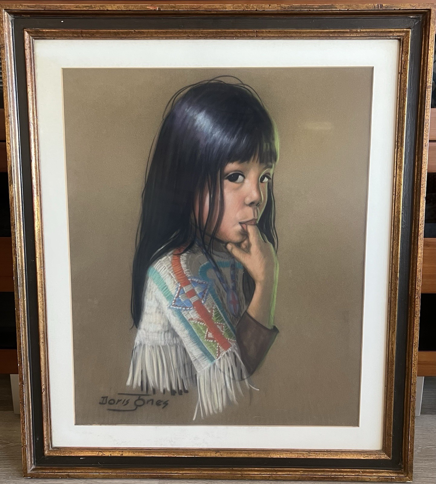 RARE VINTAGE NATIVE AMERICAN INDIAN CHILD PASTEL PAINTING By DORIS JONES