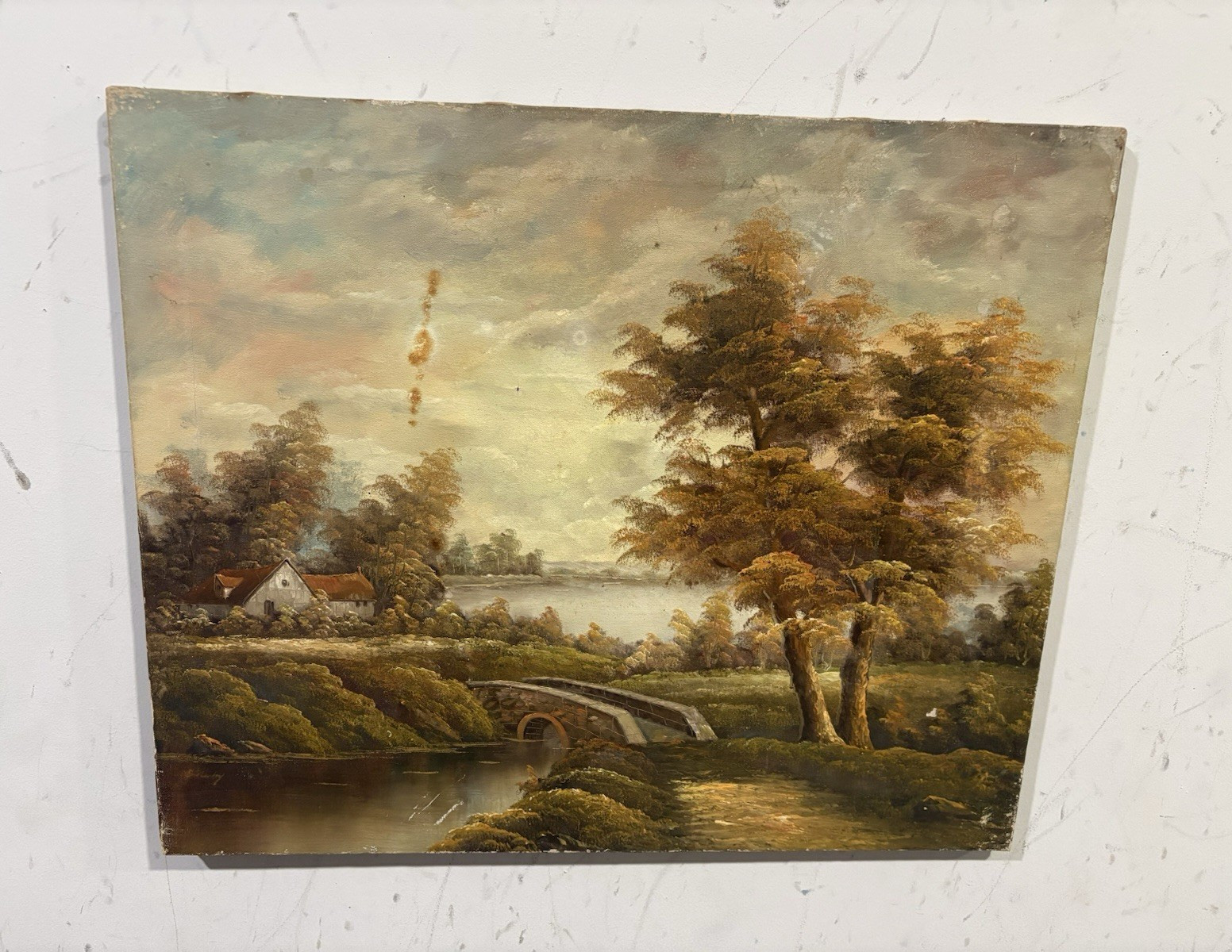 Realism Landscape River Painting w/ Trees, Bridge & Cottage, Unframed