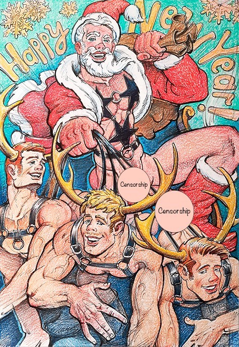 Gay Art original painting «Happy New Year » 16,5*11,6 in. nude erotica