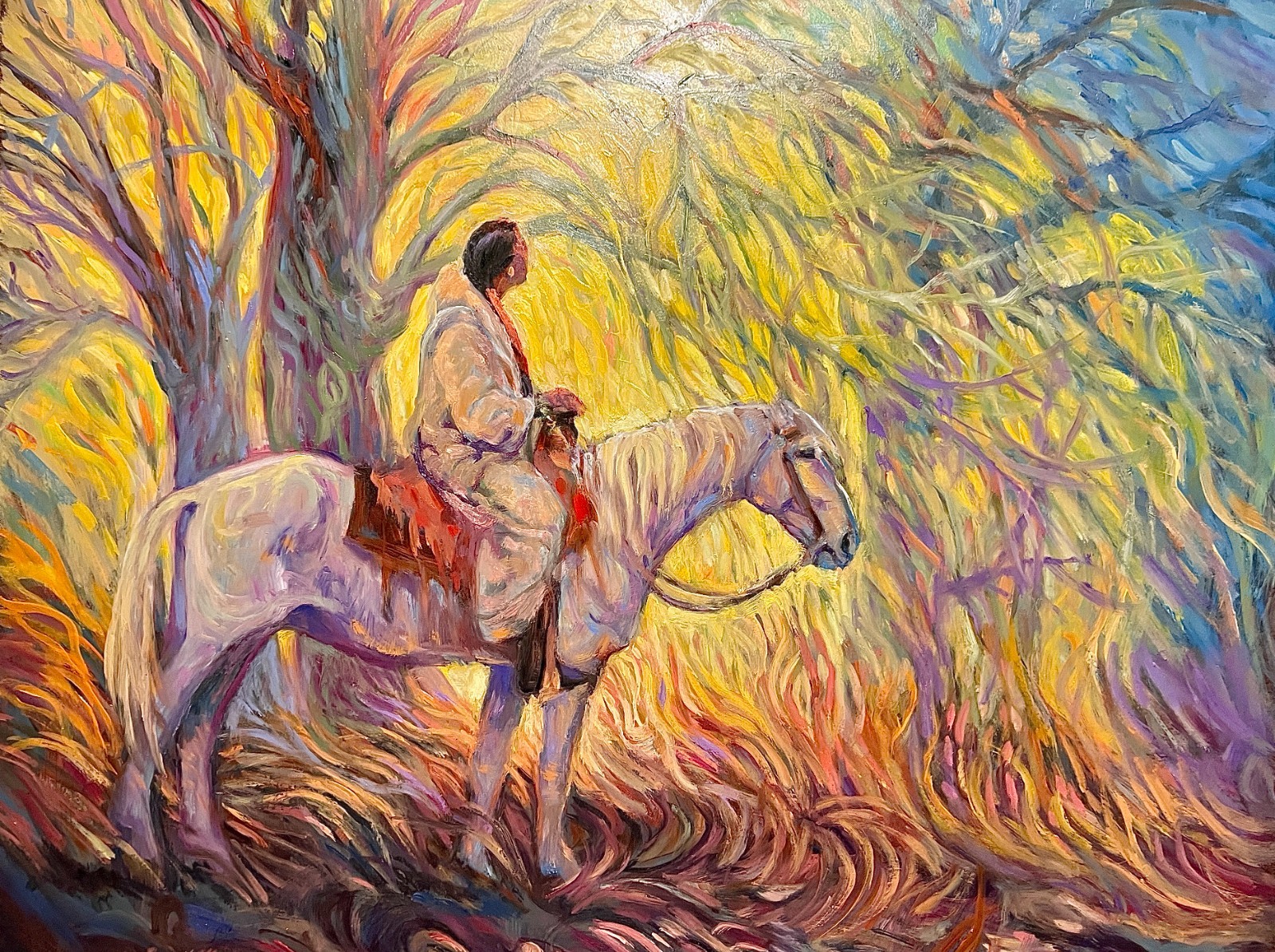 Original OIL painting Navaho white mustang cottonwood trees sun impressionistic