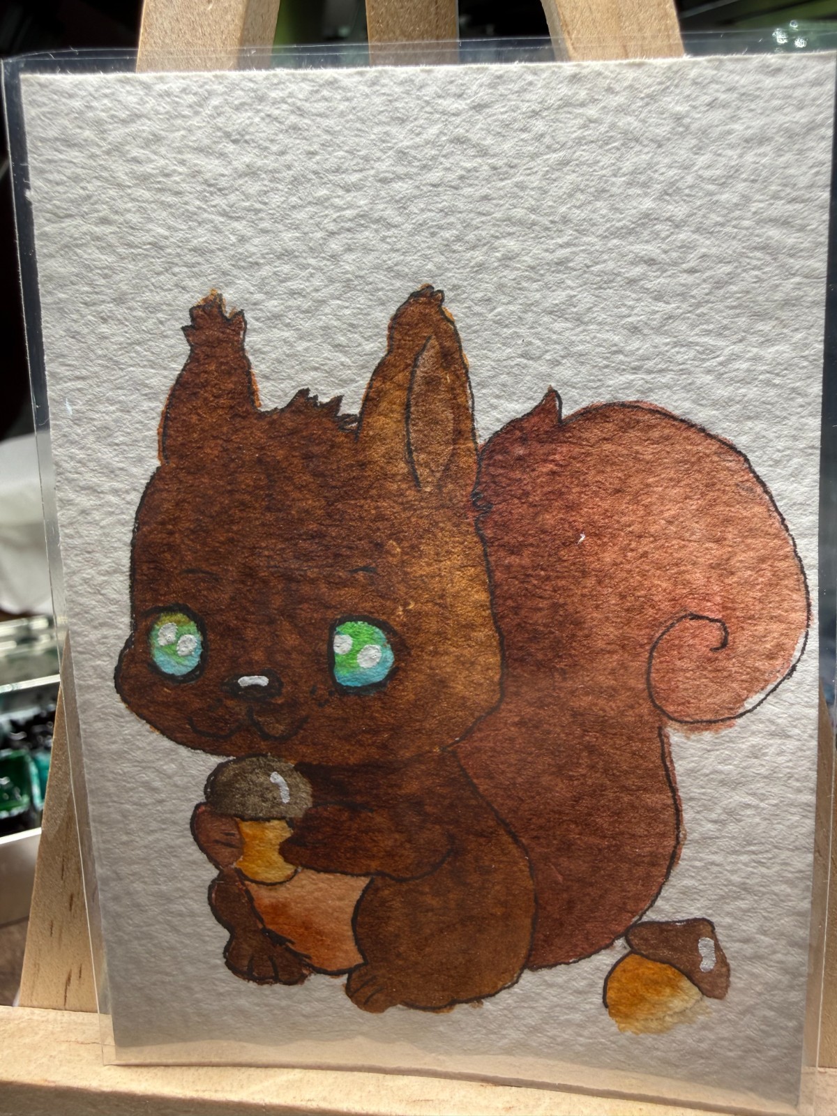 ACEO Handmade Original OOAK Signed (Not a Print) «Ah, Nuts» Squirrel and Acorn