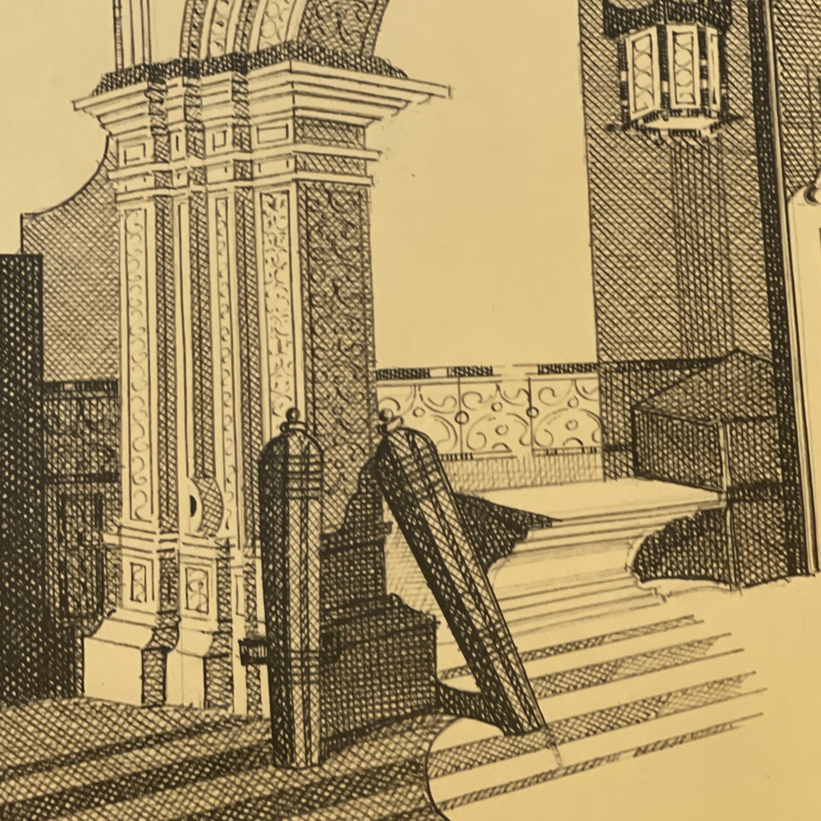 Architectural Drawing Antique Signed Mystery Artist Design Original Pen And Ink