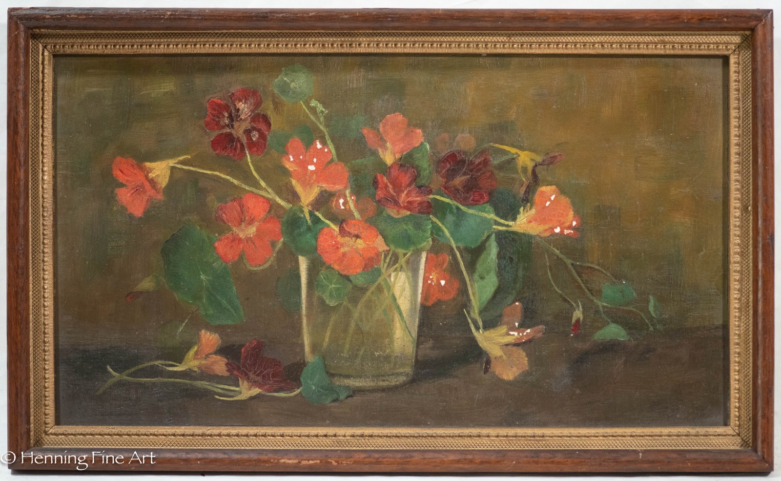 Antique Oil Painting Red Flowers in Glass Vase, Unsigned & Fine! 10.75×17.75″