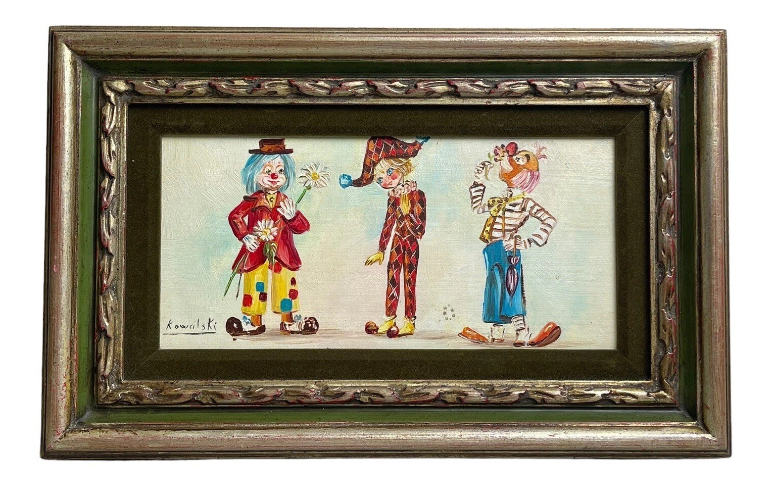Vintage 1950’s Rare Old Hungarian Folk Art Kid With Clowns Oil Painting Kowalski