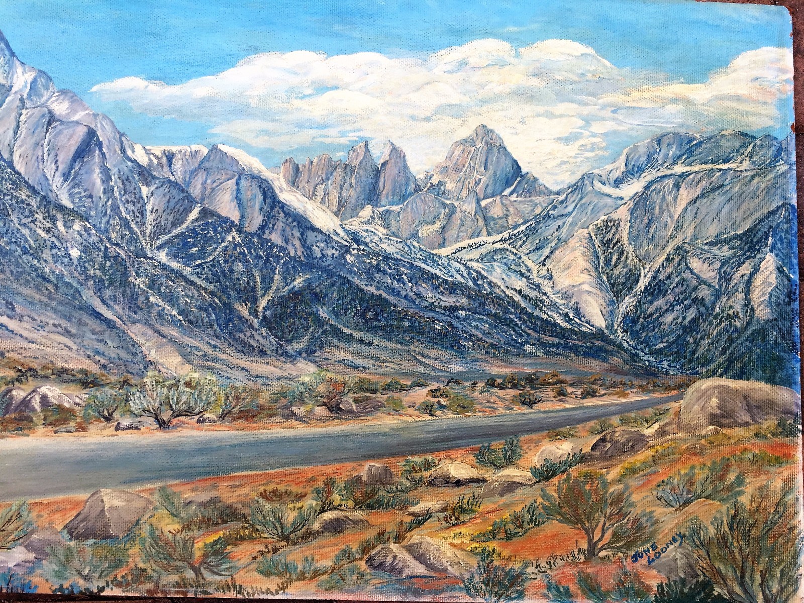 CALIFORNIAN ORIGINAL H/PAINTED ON BOARD LANDSCAPE MOUNTS PAINTING BY JONE LOONEY