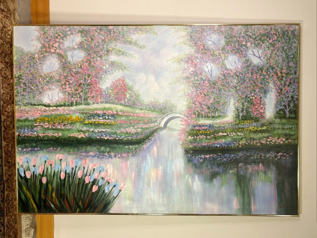 Impressionist Garden Landscape Acrylic Painting Framed Floral Park Scene XL 60″