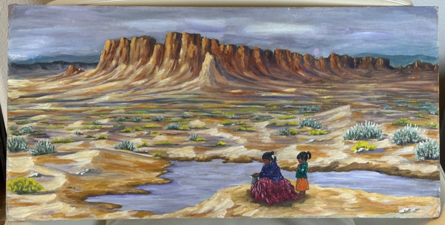 RENEE CANDELARIA FLETCHER EXTREMELY RARE NEW MEXICO OIL PAINTING 1967 15″ X 30″