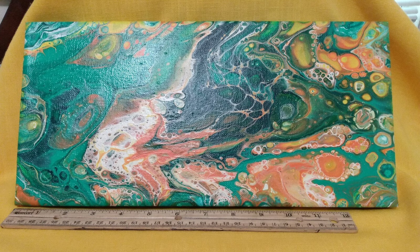 Original Abstract Painting Modern Canvas Wall Art Acrylic Pour OOAK 14″ x 7″ EUC