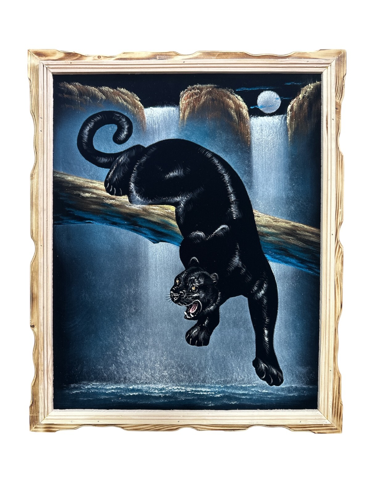 BLACK PANTHER , FULL MOON , WATERFALL , VELVET PAINTING,18″ BY 22″W , NEW