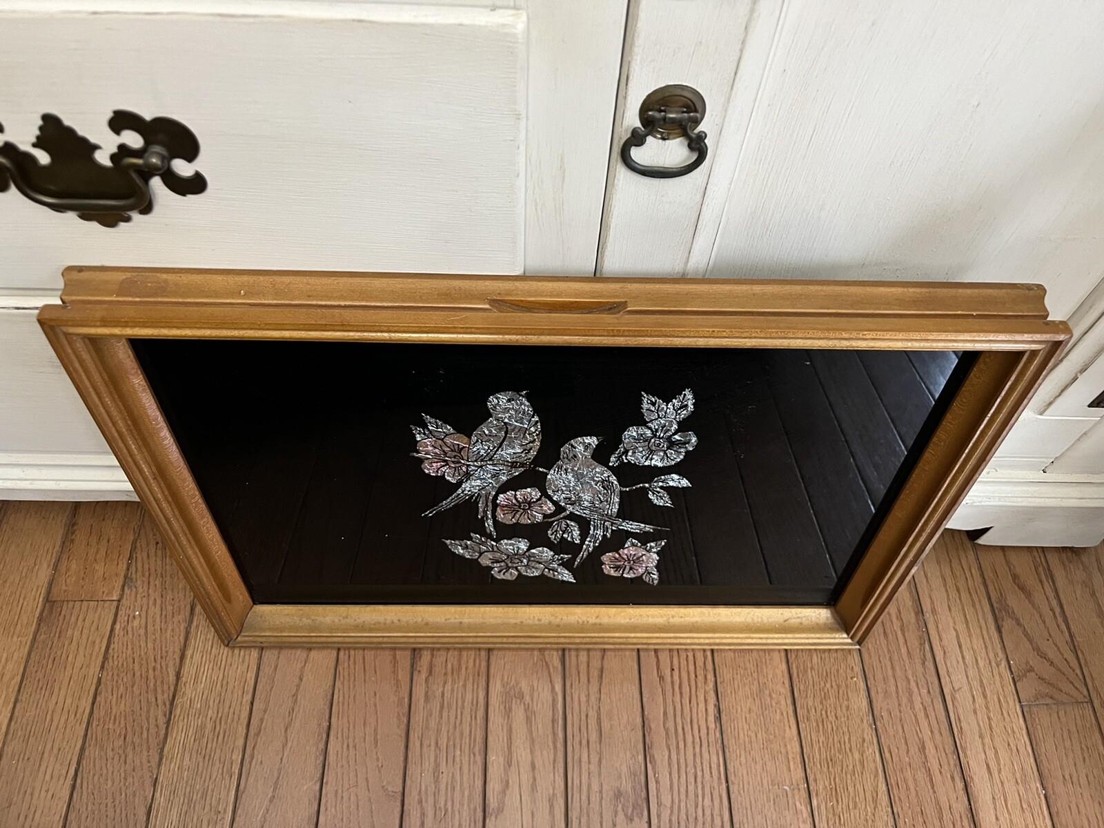 Vintage Birds & Cherry Blossoms Reverse Glass Tinsel Foils Metallic Wall Art