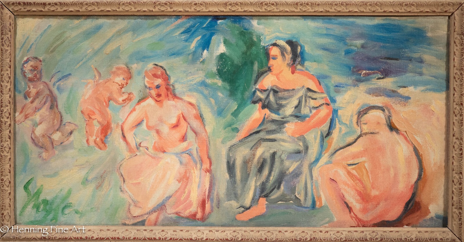 Beautiful Antique Carl Shaffer Impressionist Oil Painting Figures and Cherubs