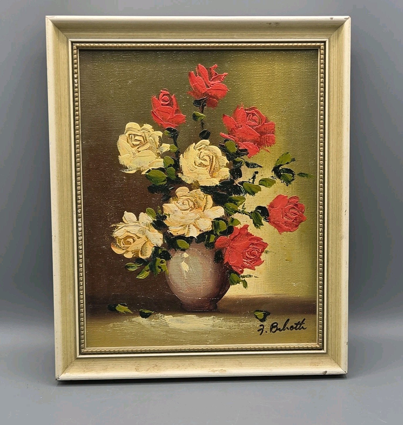 Original Vtg Frank Bilotti Floral Oil Painting Framed Roses 8×10