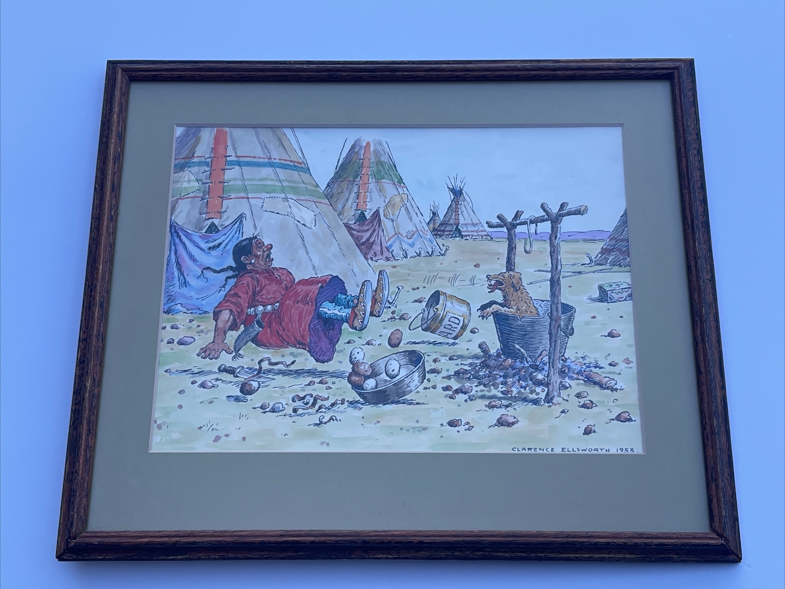CLARENCE ELLSWORTH PAINTING INDIAN NATIVE AMERICAN TRIBAL TIPI PORTRAIT W DOG