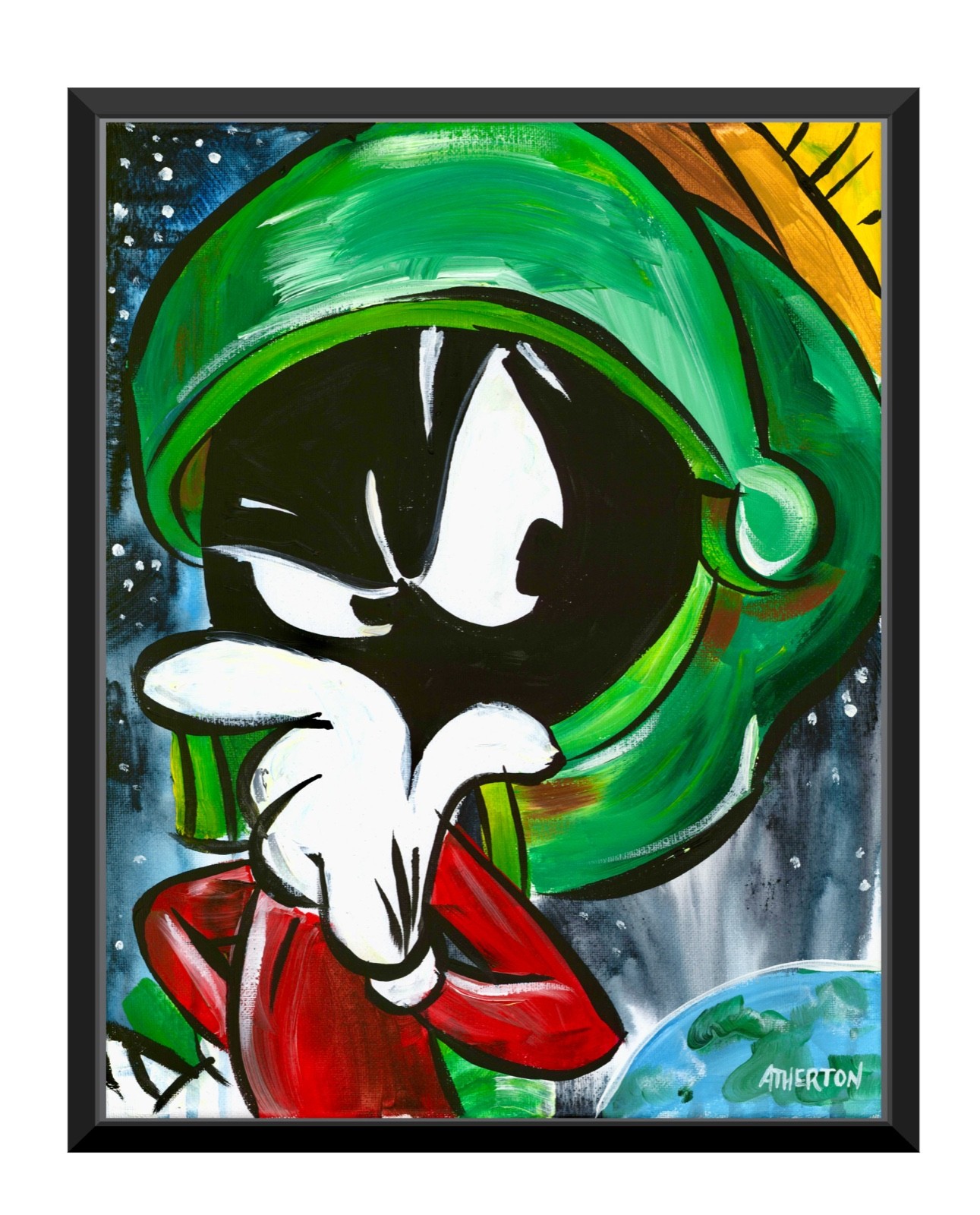 Atherton 11×14 Original Pop Art Martian Painting «Thinking Marvin» hand signed