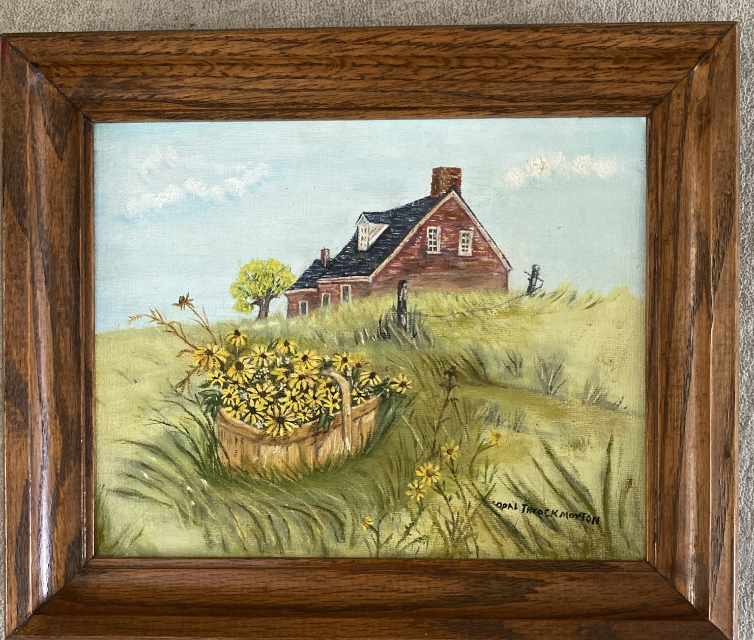 Vintage Oil Painting Farmhouse & Basket Of Sunflowers Signed Farm House 1978