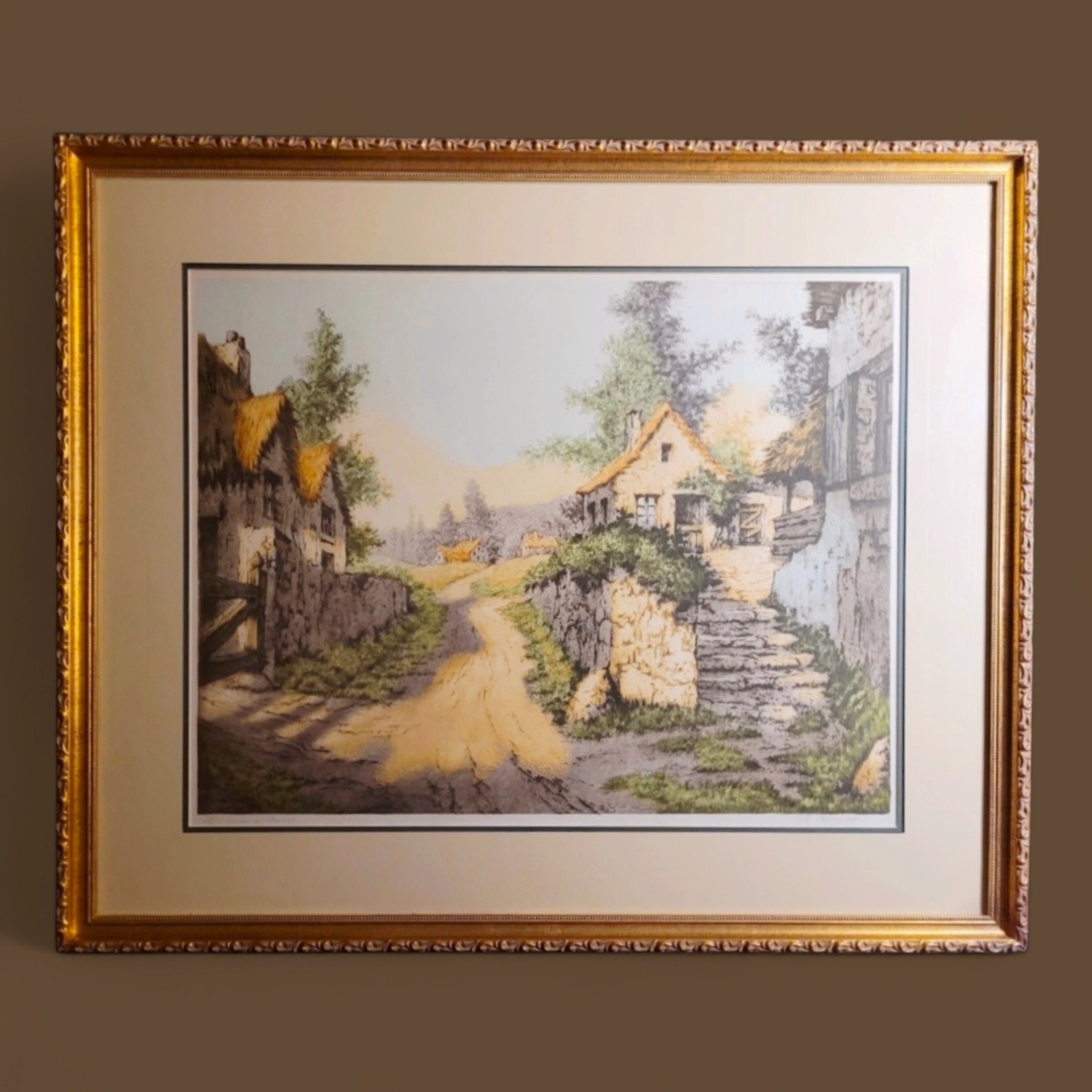 Antique Rene Barnaix Hand Colored Etching Paris Society Framed French Cottage