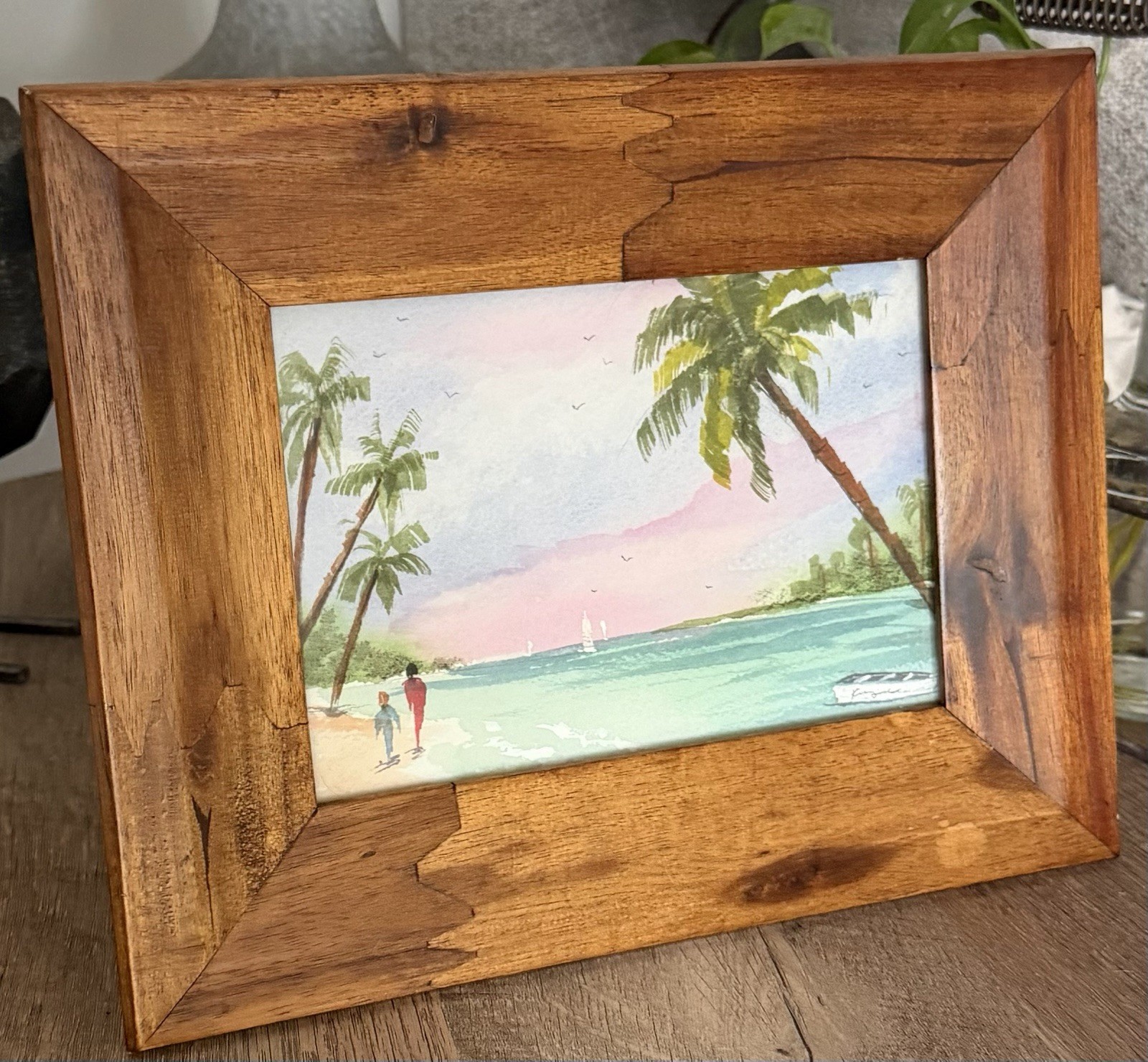 Original Signed Framed Watercolor Painting Beach Mother & Child Boat 10×8 OOAK