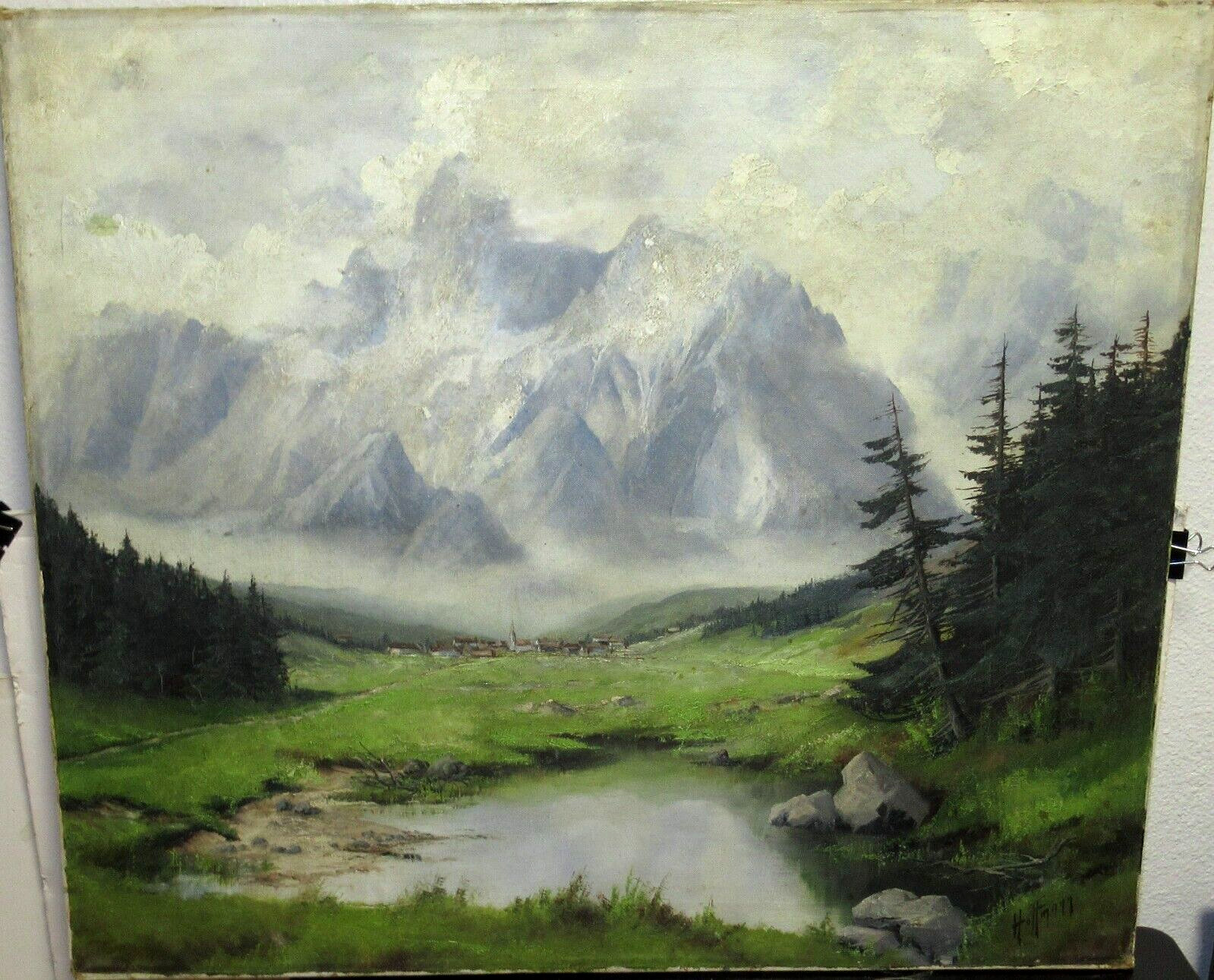 HOFFMANN SWISS ALPS SMALL TOWN ORIGINAL OIL ON CANVAS LANDSCAPE PAINTING