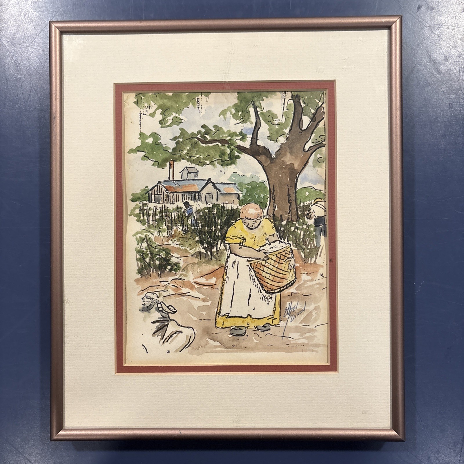 Signed Ethel Dixon Watercolor Painting «Cotton Workers» 12×10 Framed
