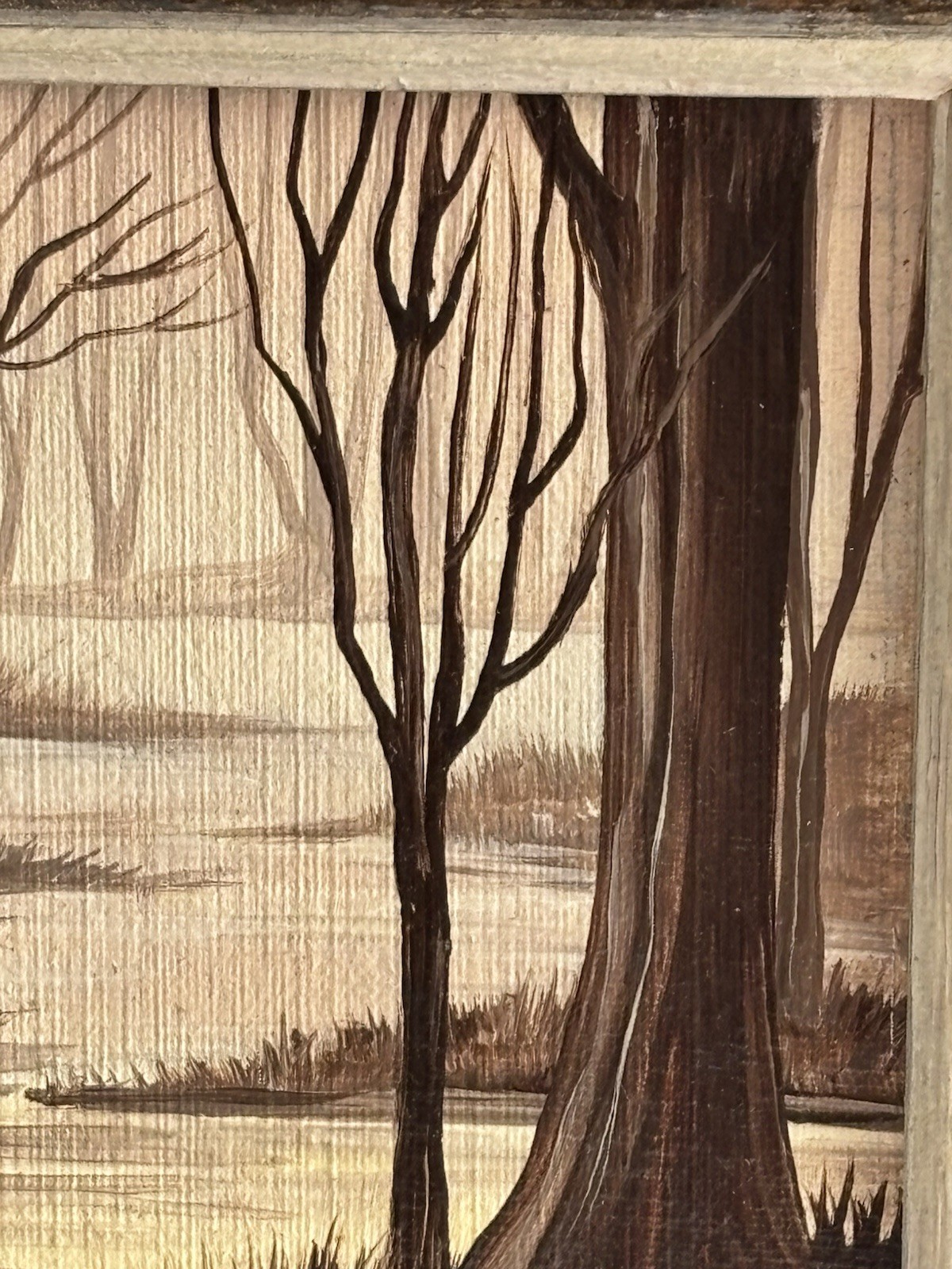 Mini Acrylic Framed Winter Landscape Painting Monochrome Trees Stream Signed