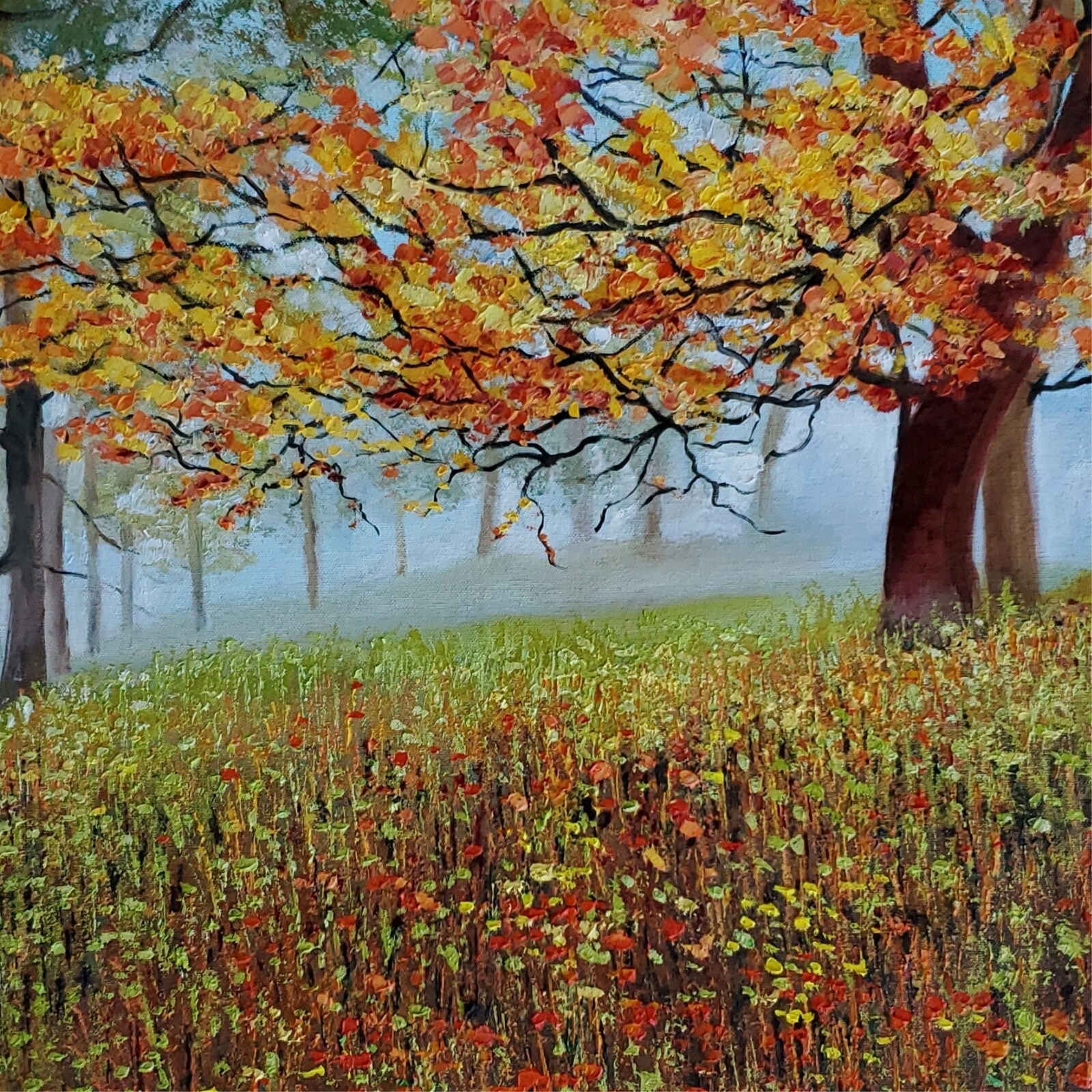 YARY DLUHOS Autumn Landscape Nature Tree Morning Mist Original Art Oil Painting