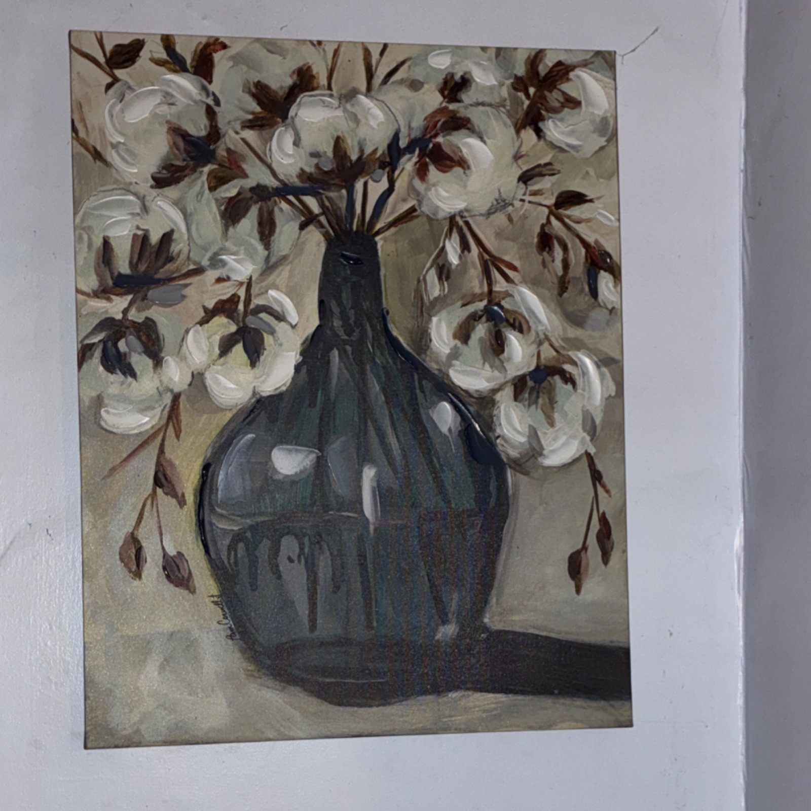 Pam Coxwell Cotton in Blue Glass Floral Still Life Acrylic Canvas Painting 2018