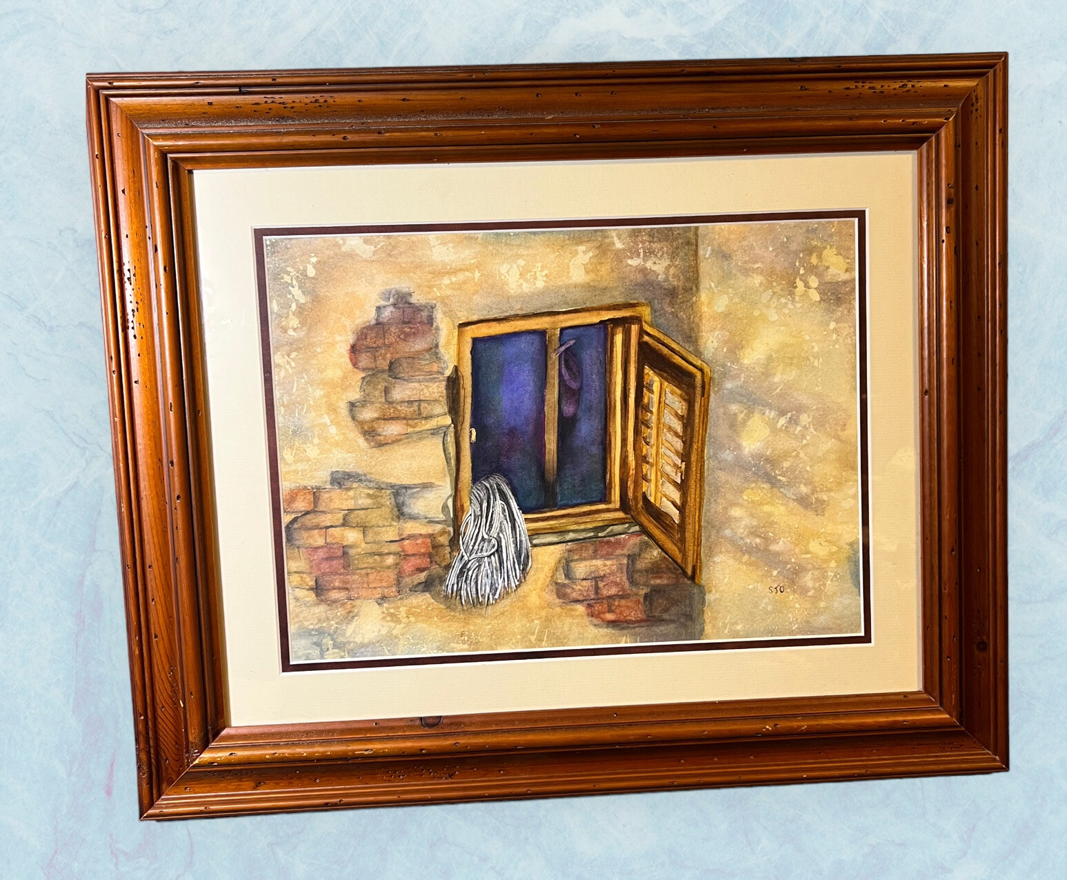 VINTAGE SIGNED “SJO” WATERCOLOR PAINTING OPEN WINDOW MOP BRICK HOUSE 23 x 19