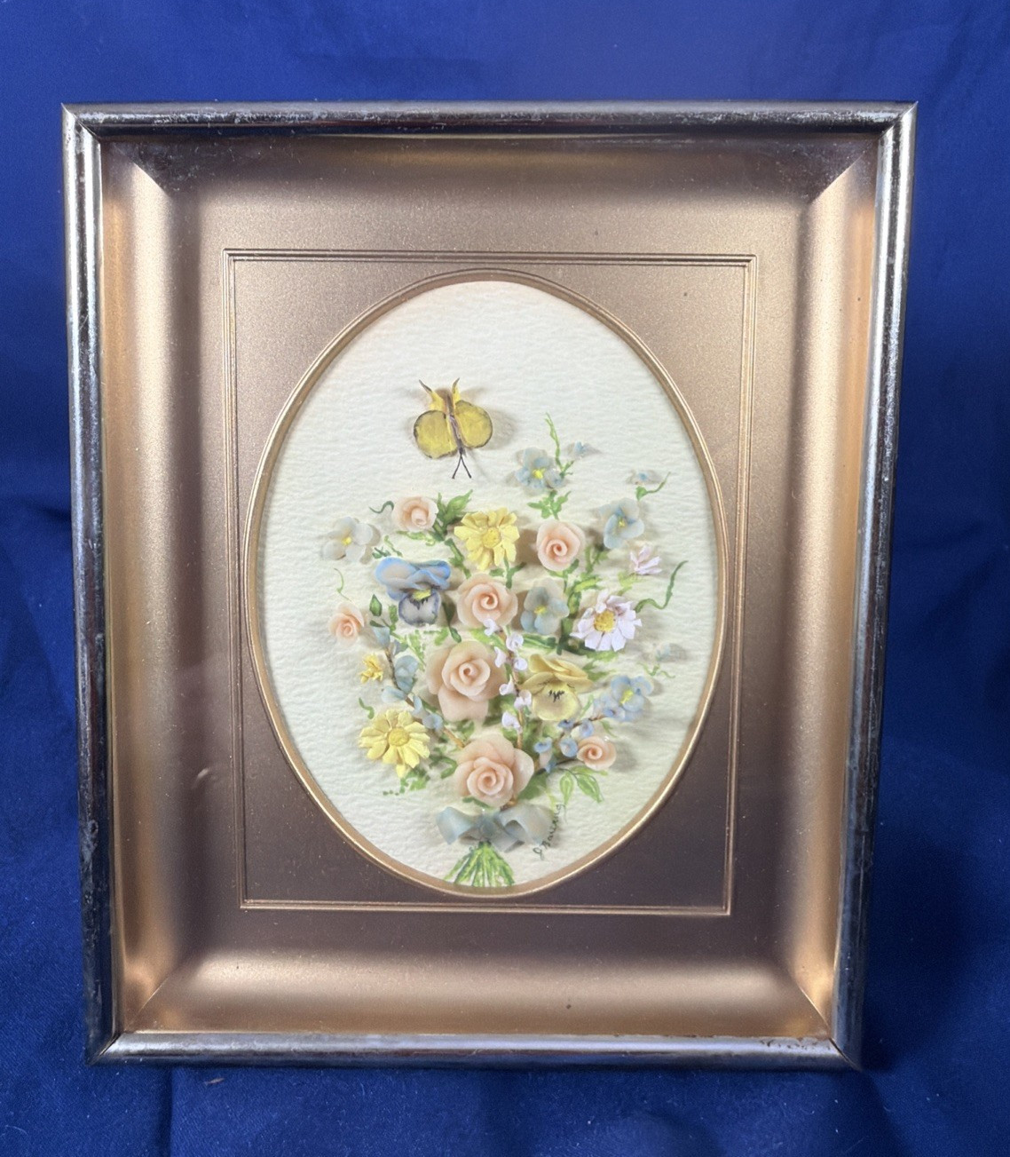 Mini Floral Shell Art, Watercolor Goldtone Framed Painting, Signed Butterfly