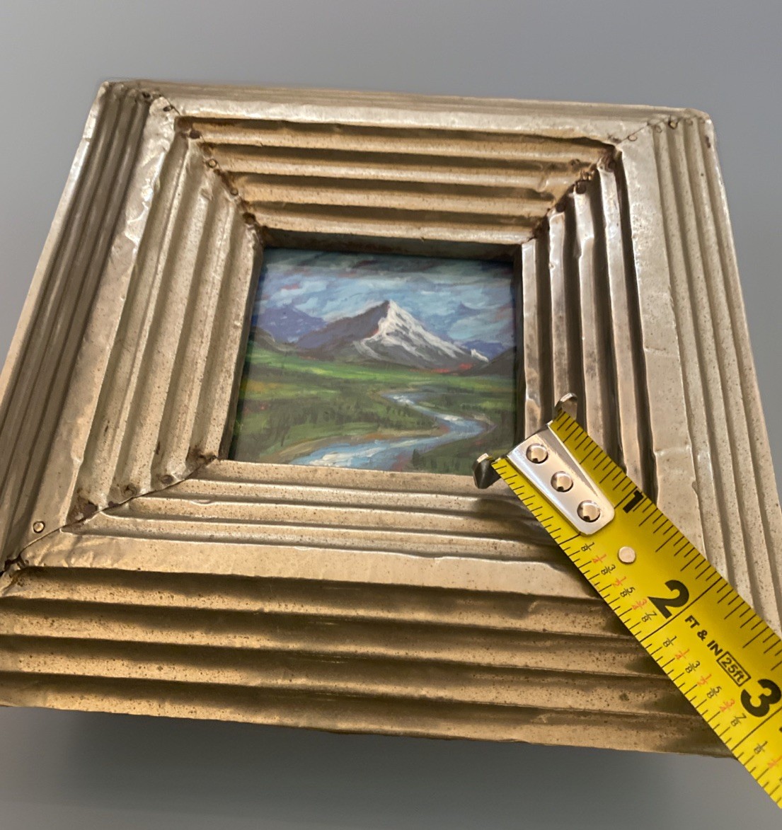 Vntg Small Landscape Painting Original Mountain River Handmade Metal Frame