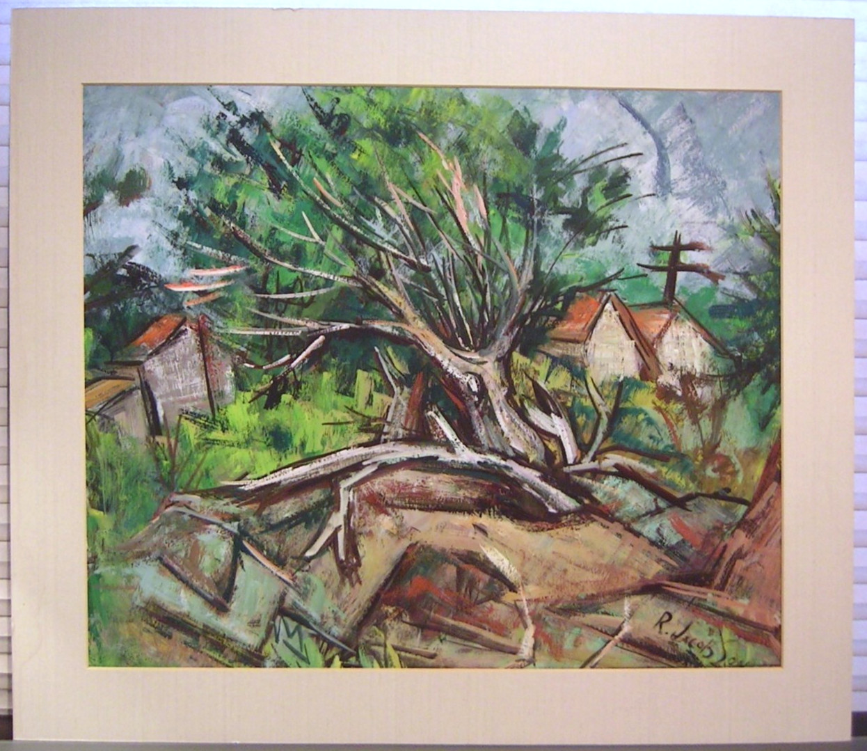 Original 1930s Landscape Trees Cottages Painting Rose Jacobsen Signed