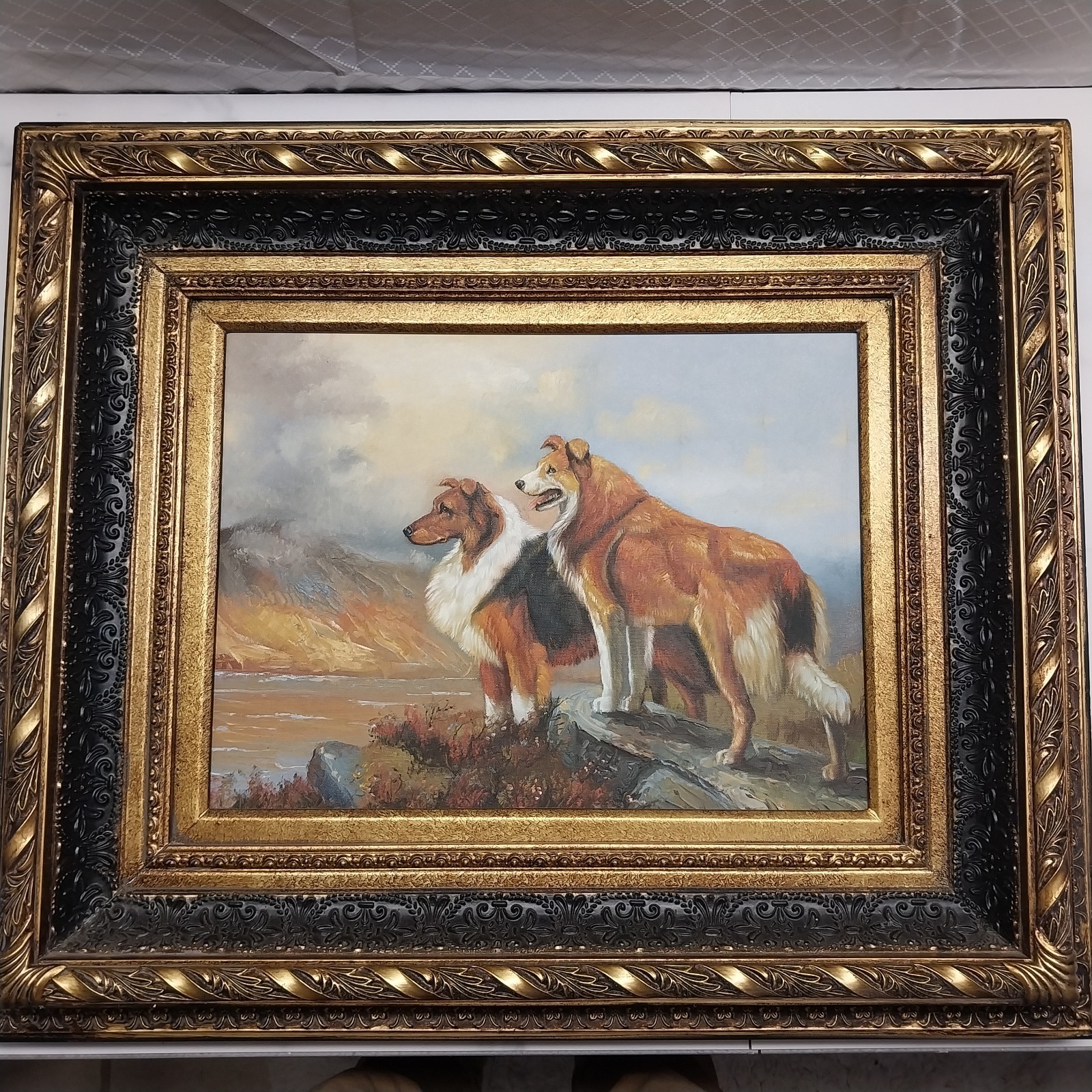 Oil Painting 2 Collies «Lassie» on Rock in large luxury frame 25.75X21.75