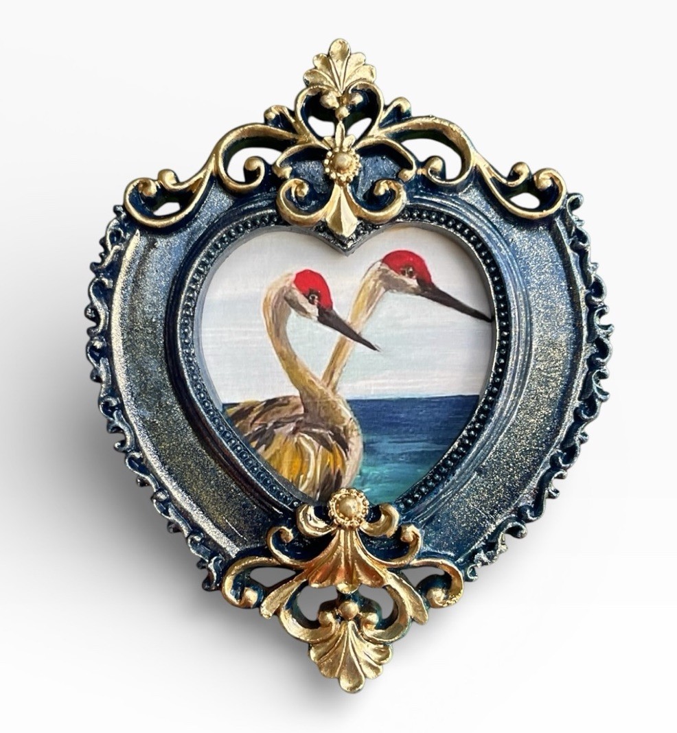 Sandhill Crane birds seascape print in mini vintage style ornate heart frame