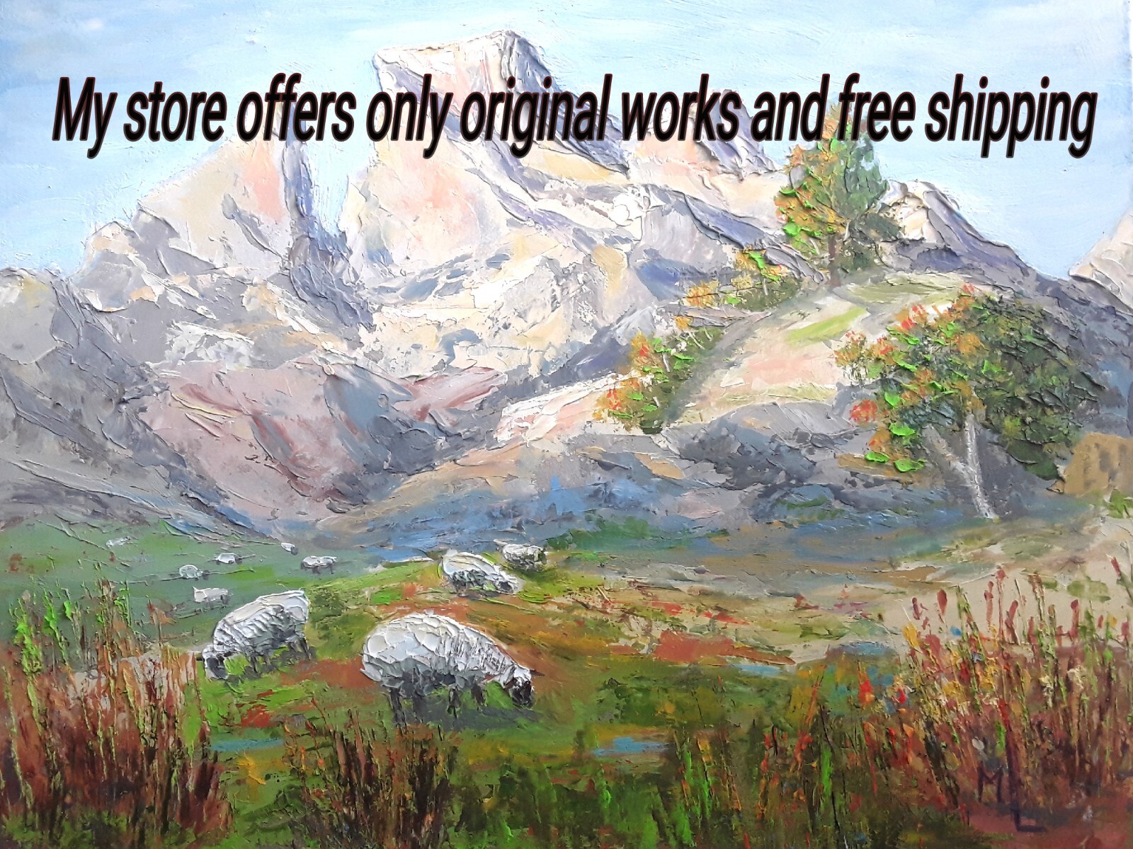 Original Oil Painting Sheep Painting Meadow Artwork Mountain Landscape 8x10in