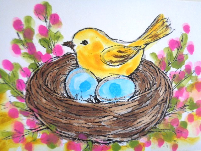 ACEO Yellow BIRD IN NEST EGGS Painting Art