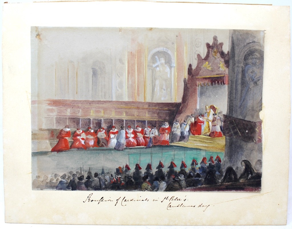19th C. Gouache/watercolor small painting/Procession Cardinals St. Peter’s Rome