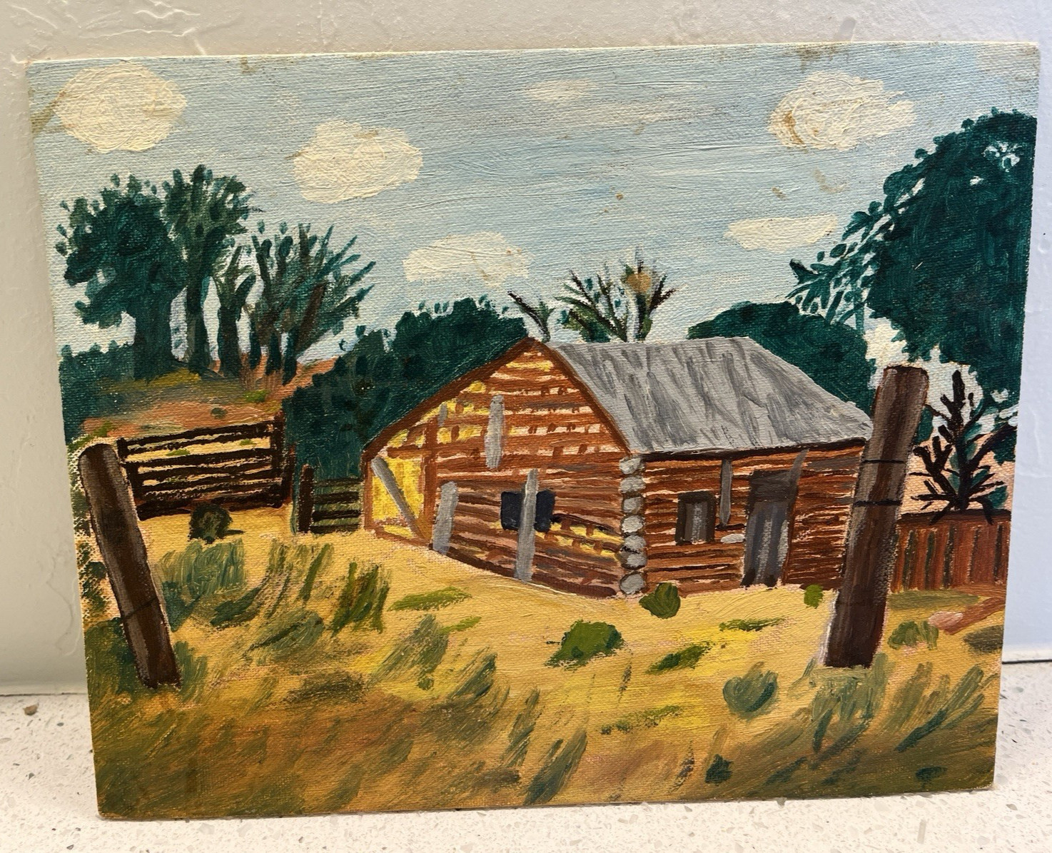 Vintage Folk Art Painting 8×10″ Log Cabin Farm Tree Landscape Canvas Panel