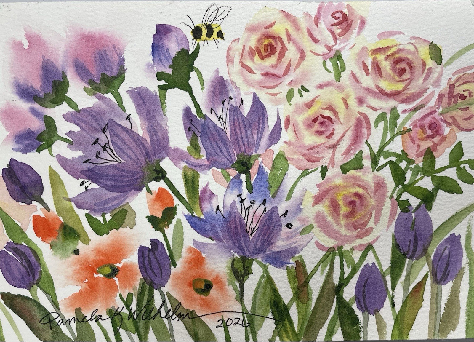 5×7” Pamela Wilhelm Original Watercolor Roses Lillies Poppy Bumblebee