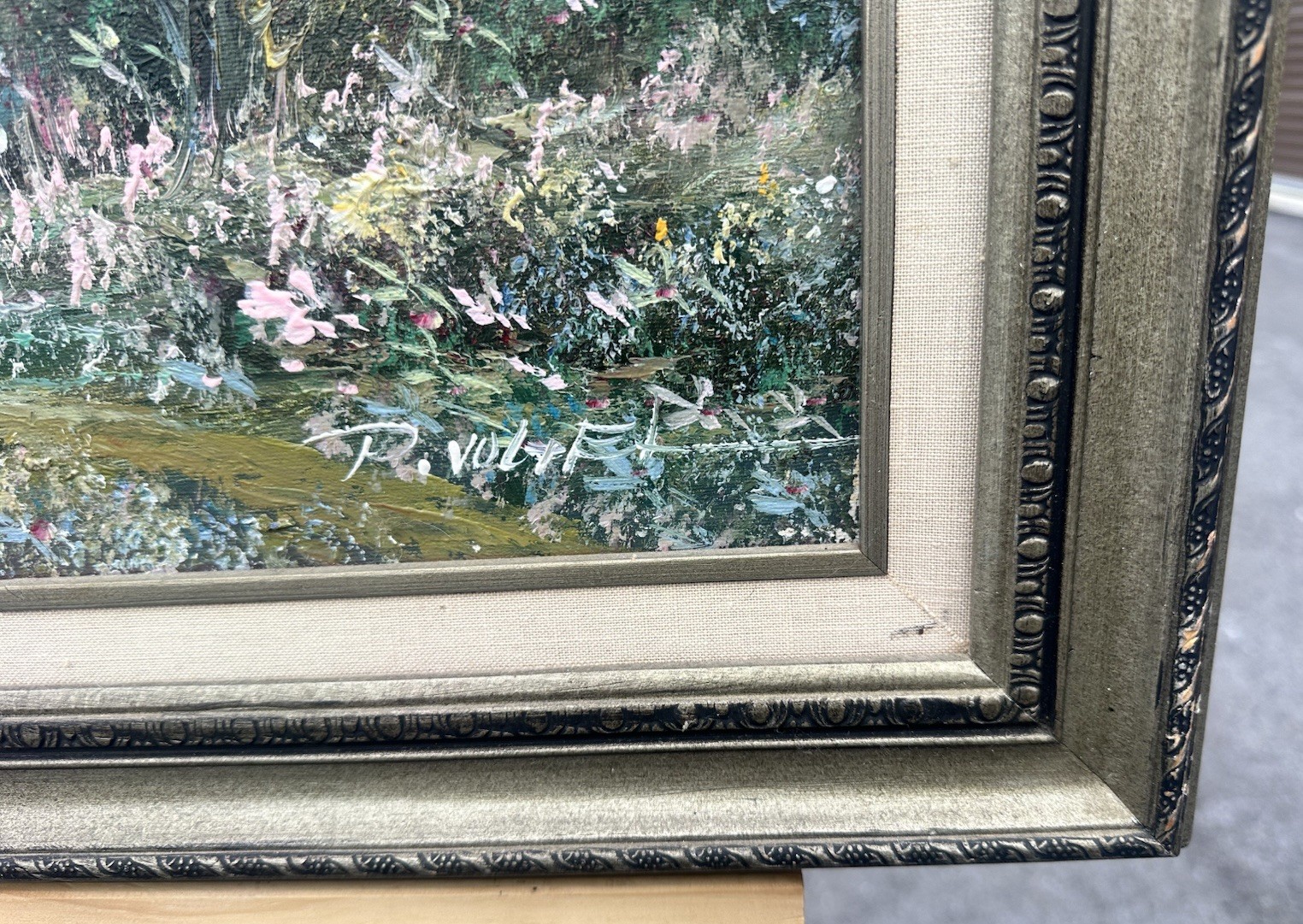 Vintage Oil Painting French Cottage Landscape Signed R. Wolfel Framed 25,5×29,5