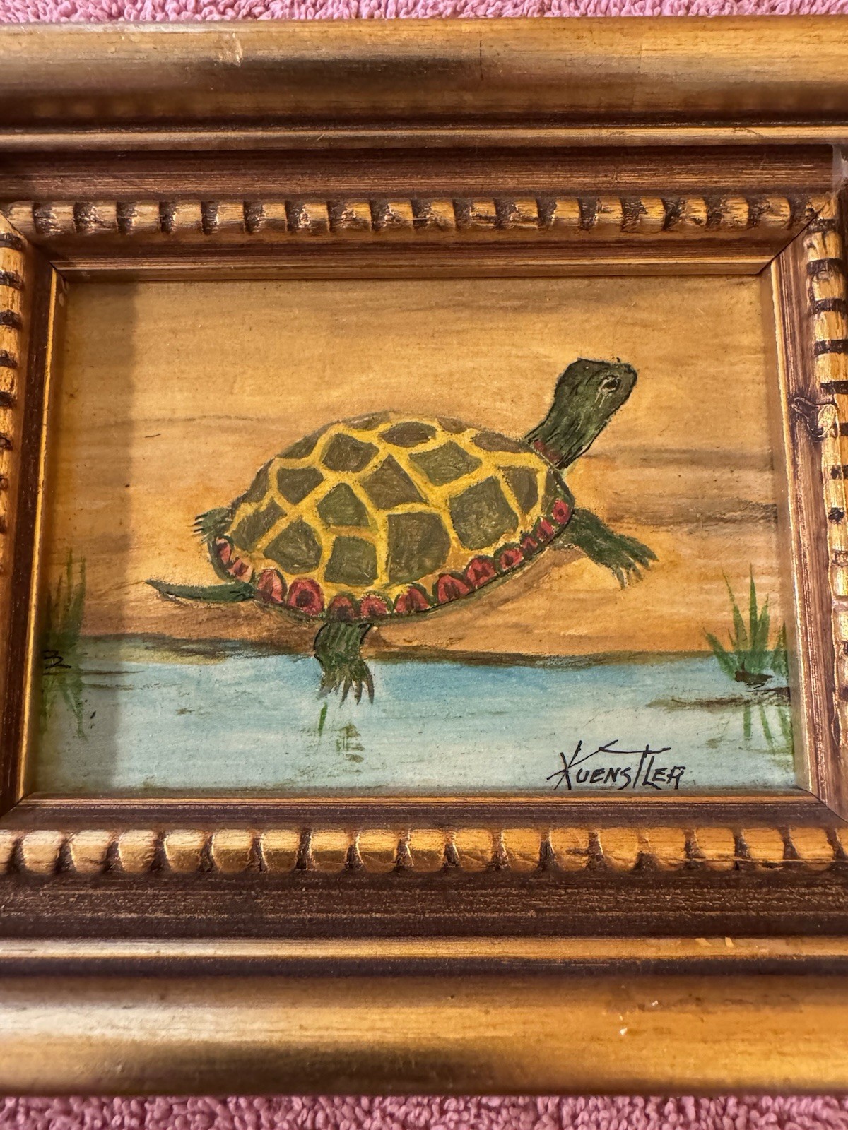 Cute Miniature Oil Painting w/Gold Frame~Turtle On The Shore~by Kuenztler~3×3