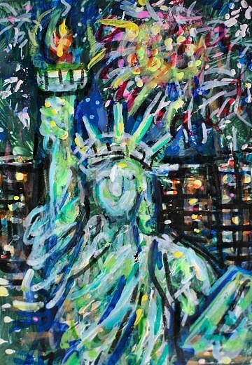 ACEO Original Painting FIREWORKS Summer NY CITY Buildings Statue of Liberty ART