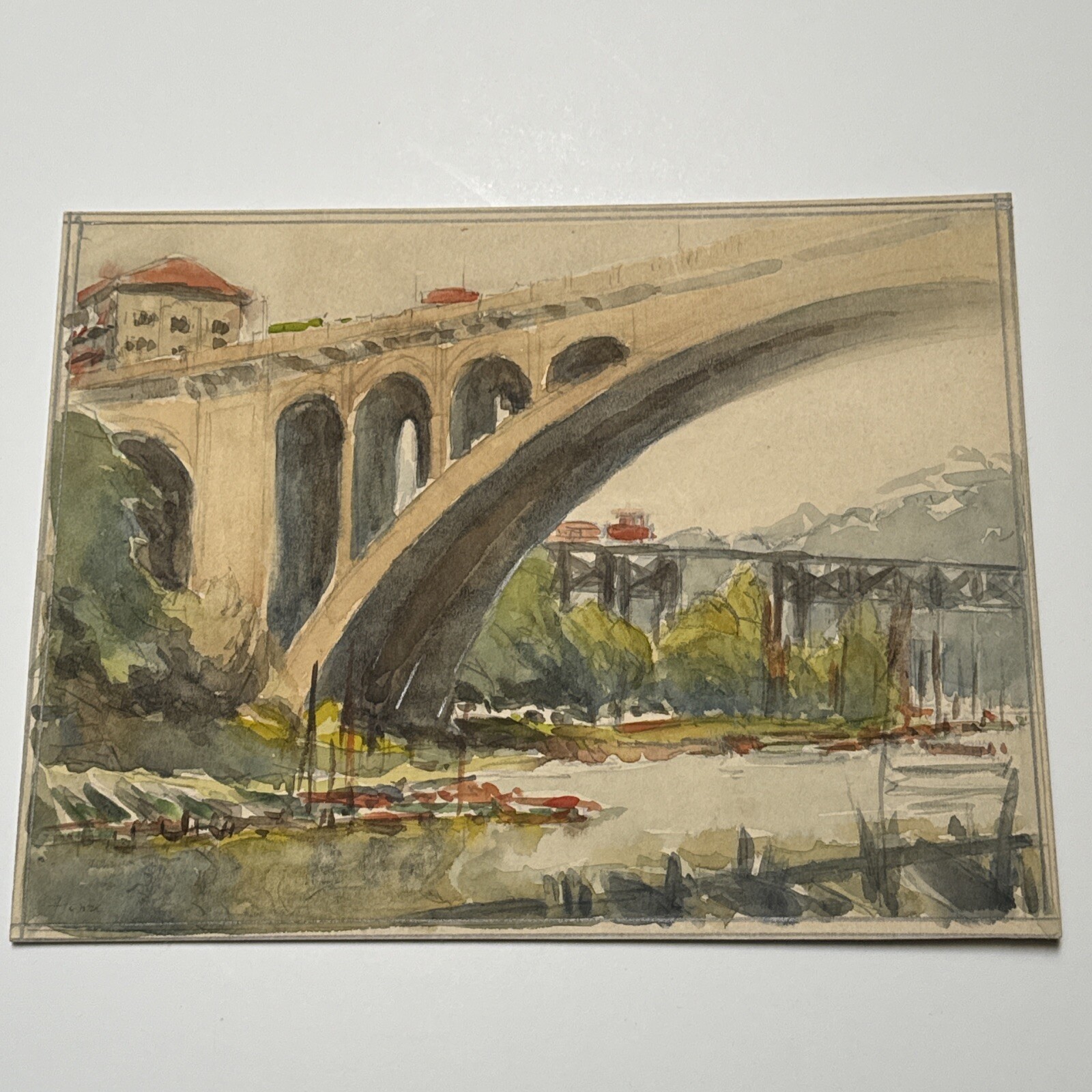 ANTIQUE PASADENA CALIFORNIA PAINTING SIGNED BRIDGE VIEW IMPRESSIONIST MYSTERY