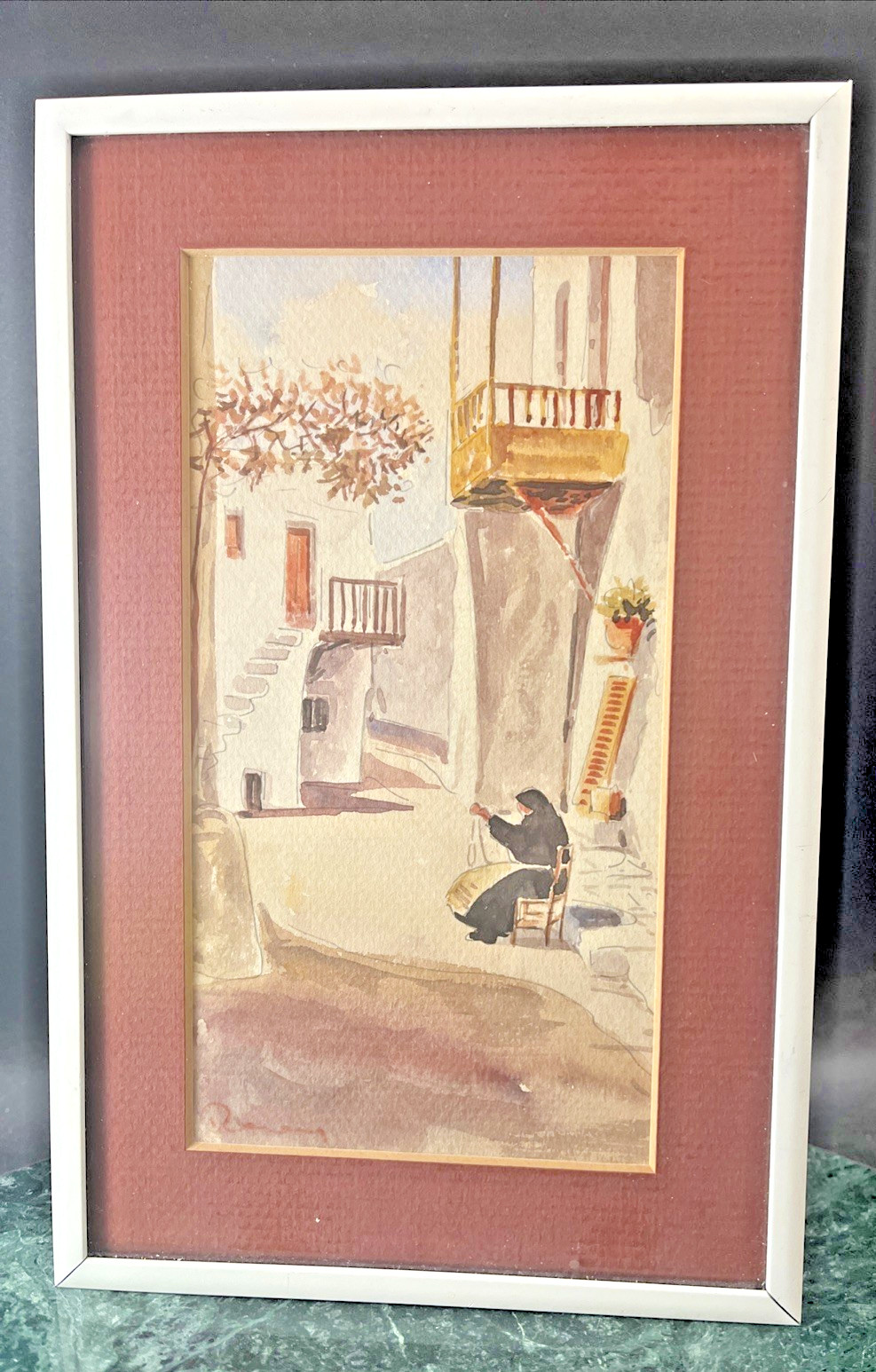 Possibly a Mediterranean Village Seated Woman with Apron 5 7/8″ x 9 1/8″