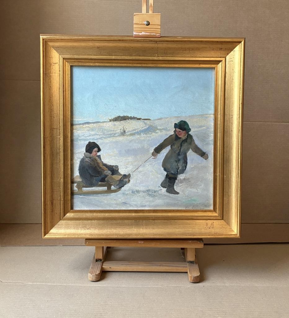 Eiler Sørensen (1869) Snowbound Companions. Fine Danish oil painting. COA
