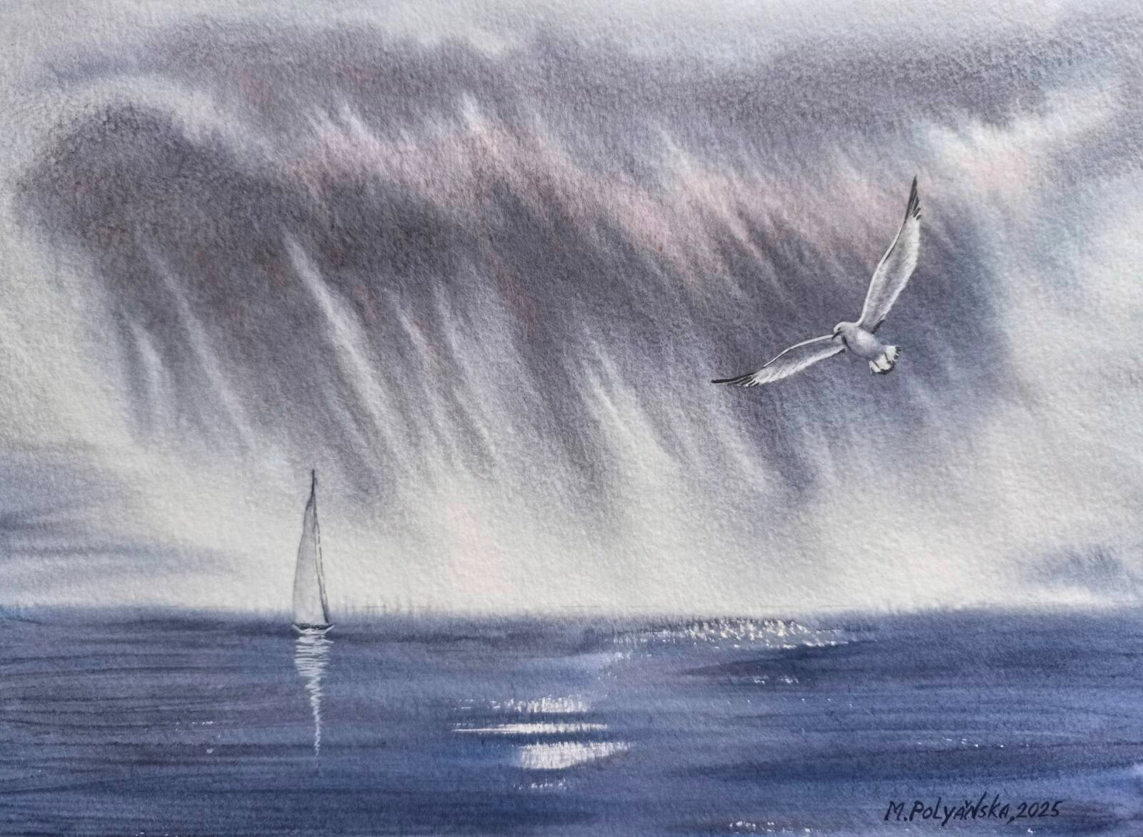 LONELY FISHERMAN BOAT BIRD Original Art Painting Landscape CLOUDY SKY SeascapeA4